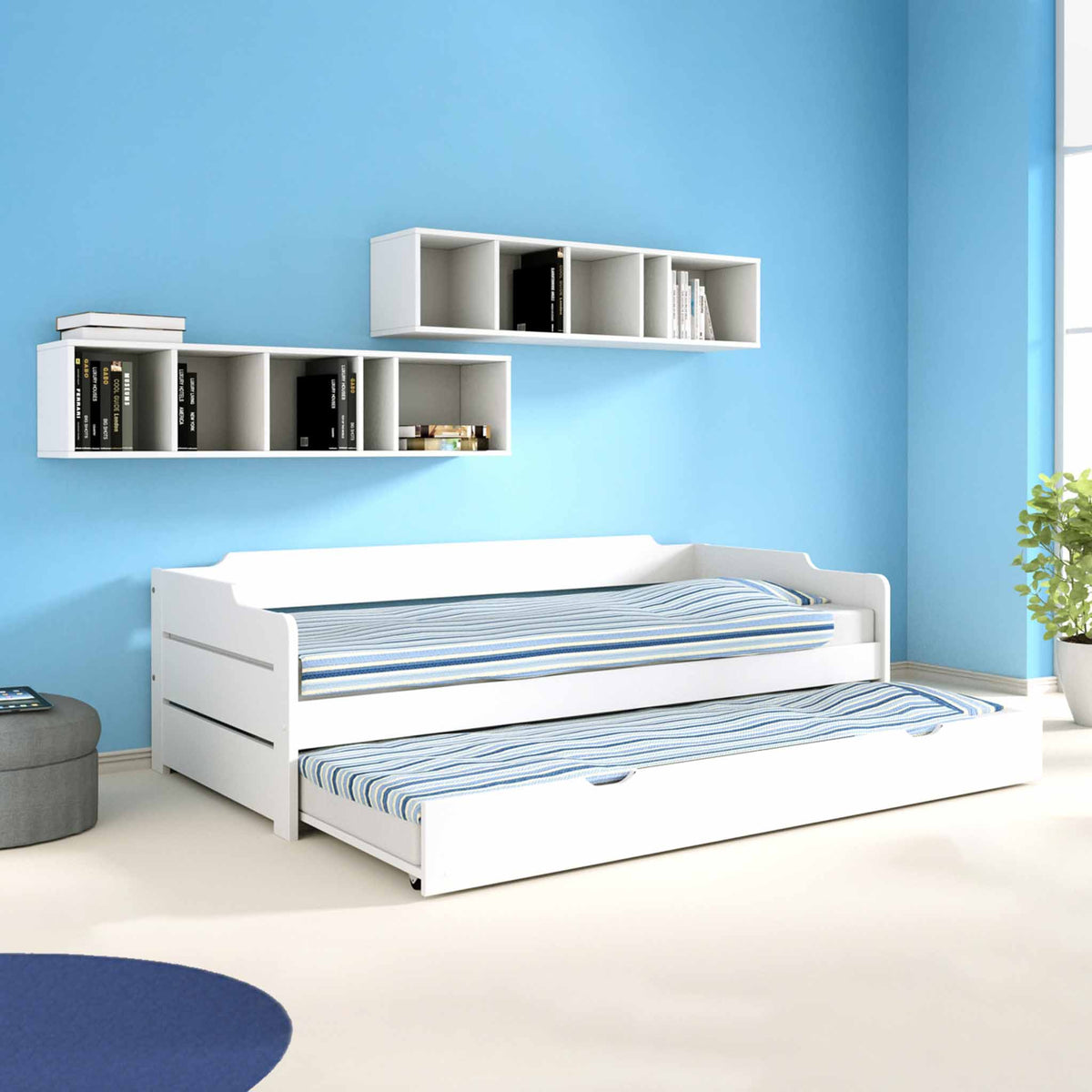 Lifestyle image of the Snooze White Wooden Bed with Trundle 