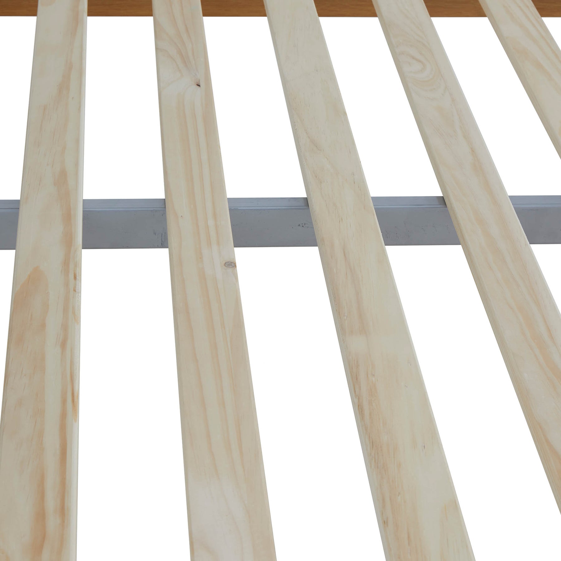 Parallel wooden slats over a grey metal structure, with a white backdrop, creating a repetitive geometric pattern.