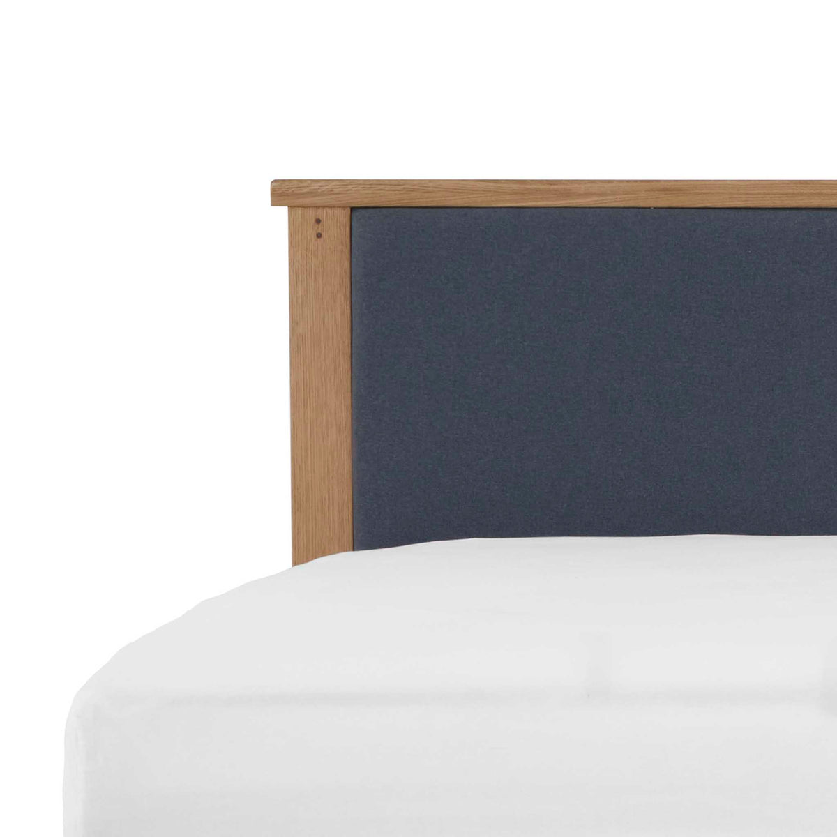 close up of upholstered fabric headboard on the Broadway Bed Frame