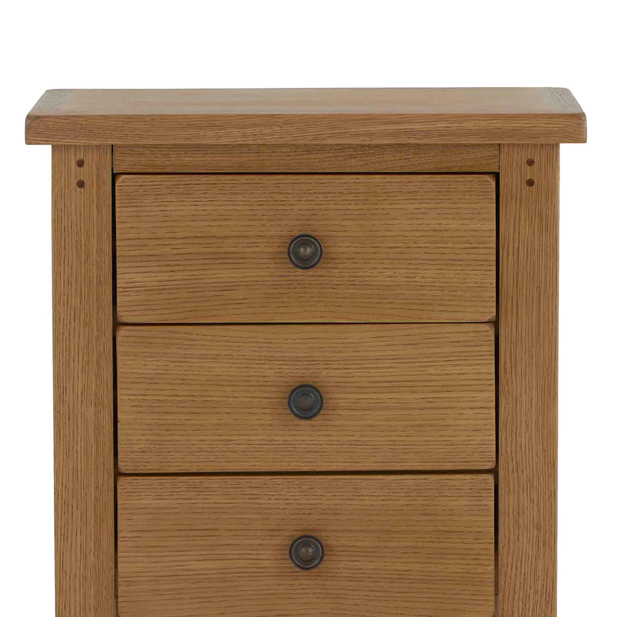 close up of the oak top on the Broadway Oak Bedside Table