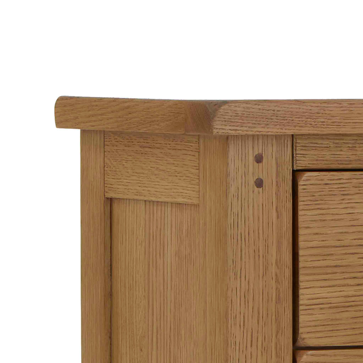 close up of curved top edges on the Broadway Oak Bedside Table