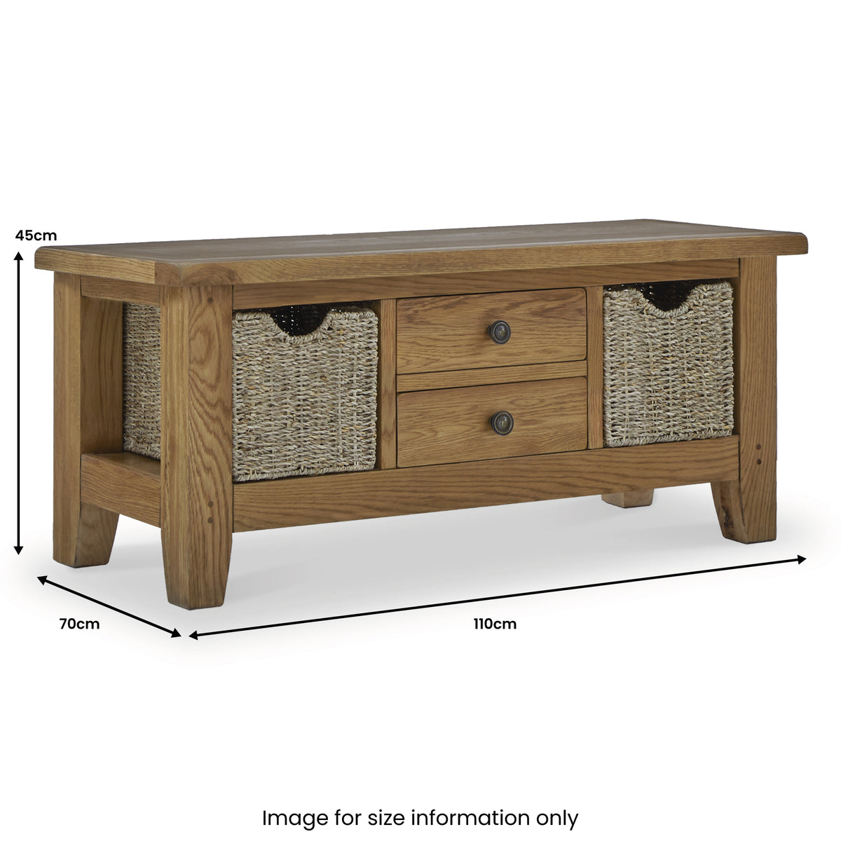 Broadway Oak Large Coffee Table with Baskets dimensions