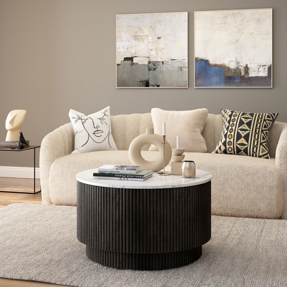 Milo Black Stain Mango & Marble Round Fluted Coffee Table for living room