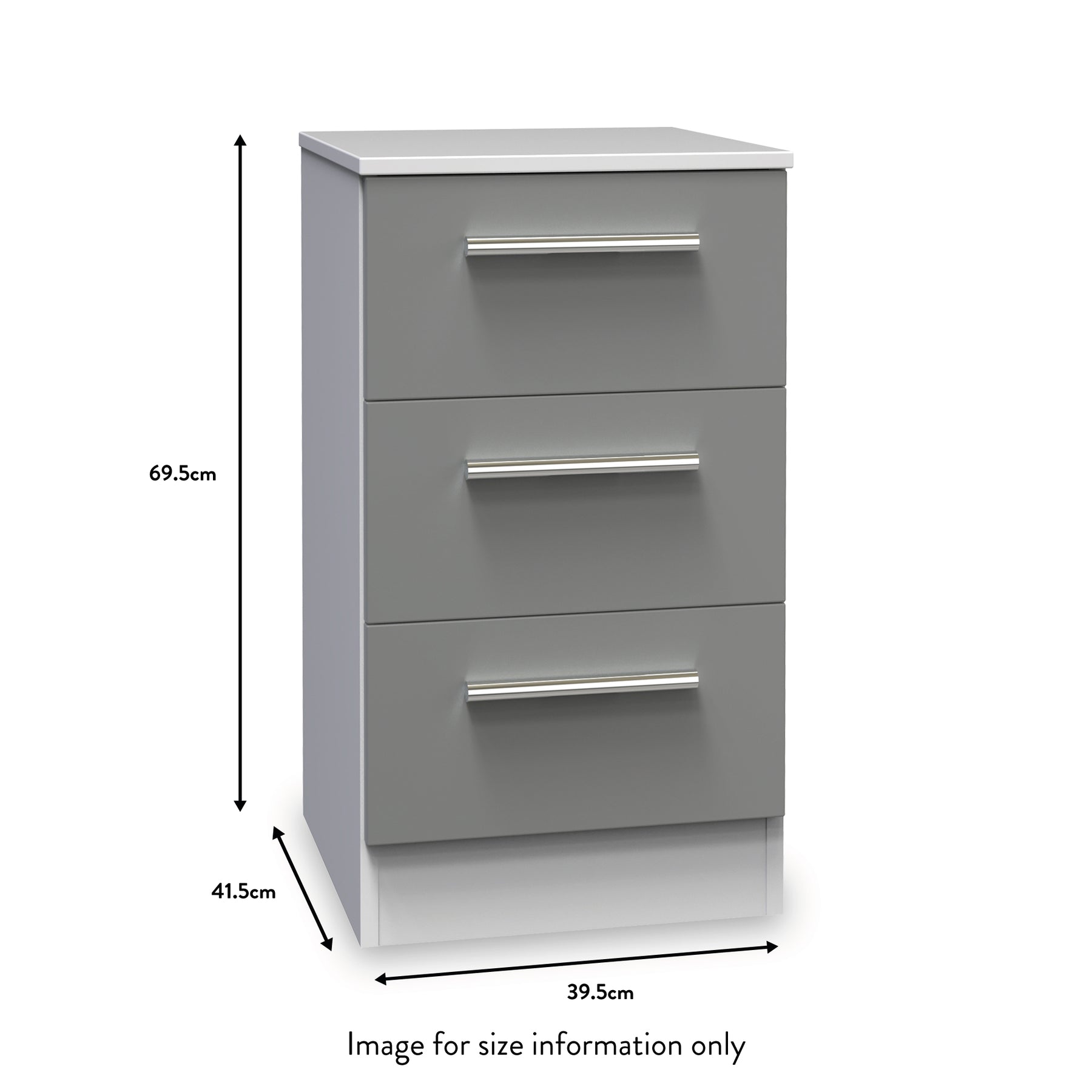 A 3-drawer gray filing cabinet with dimensions: Height 69.5cm, Width 39.5cm, Depth 41.5cm. "Image for size information only" is noted below.