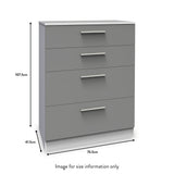 A gray chest of drawers with dimensions: height 107.5cm, width 76.5cm, depth 41.5cm. Text states "Image for size information only."