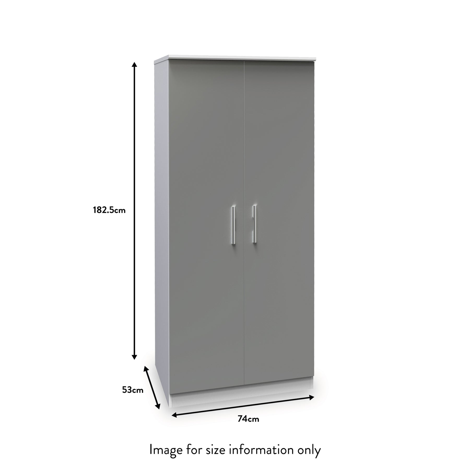 A grey wardrobe stands with dimensions displayed: height at 182.5cm, width at 74cm, and depth at 53cm. Text states "Image for size information only".