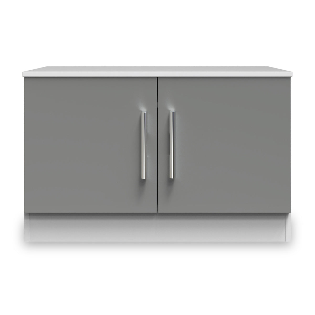 A gray, two-door cabinet with metallic handles stands against a plain background.