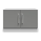 A gray, two-door cabinet with metallic handles stands against a plain background.