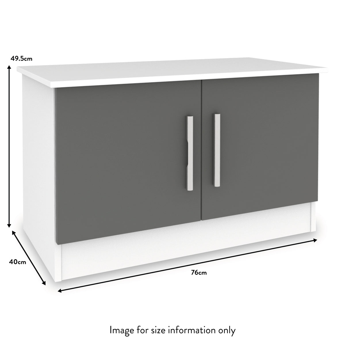 A modern two-door cabinet stands stationary, dimensions marked as 76cm wide, 49.5cm high, and 40cm deep. It exists for illustrative purposes, to provide size information.