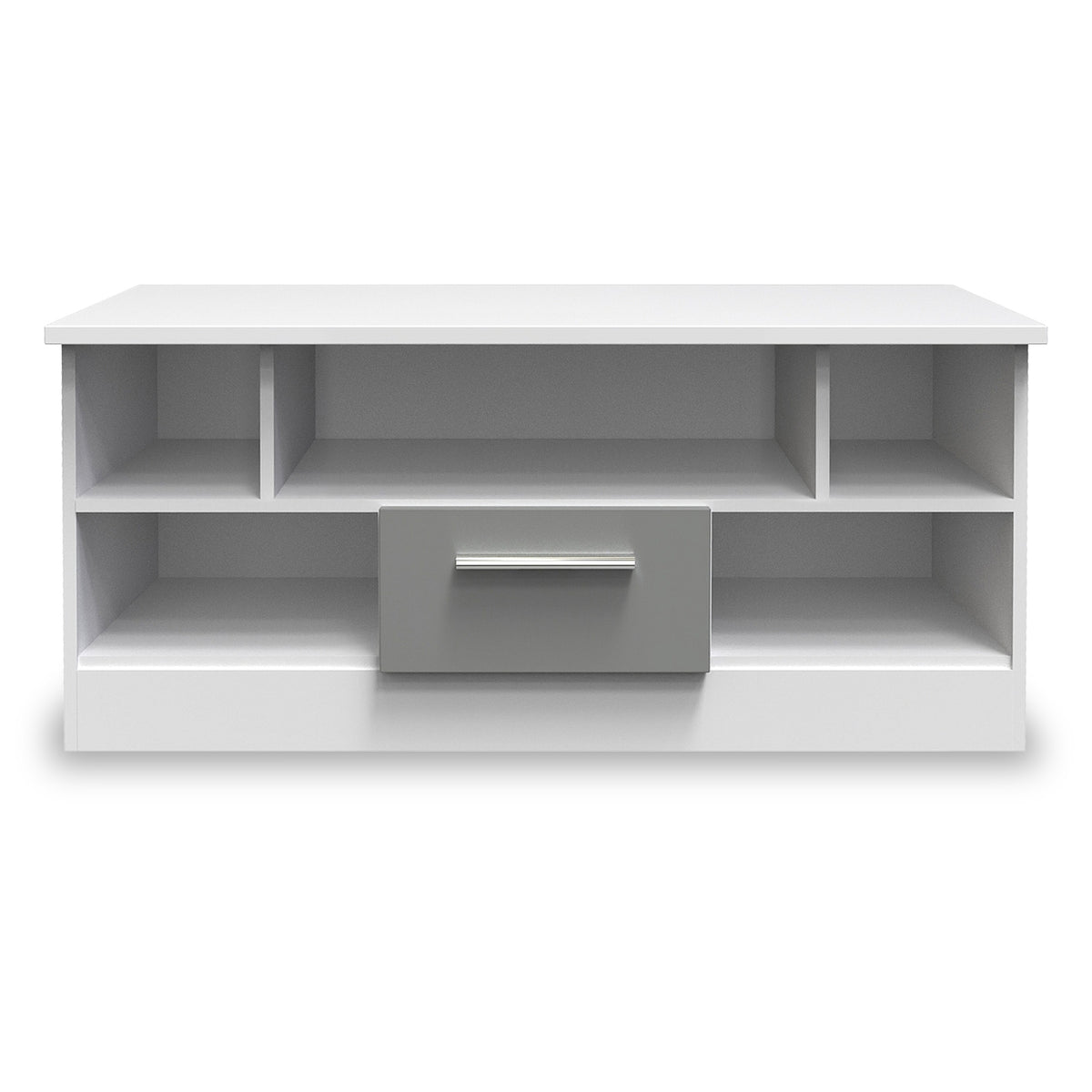 A white, modern TV stand with open shelving and a closed drawer, isolated against a white background.