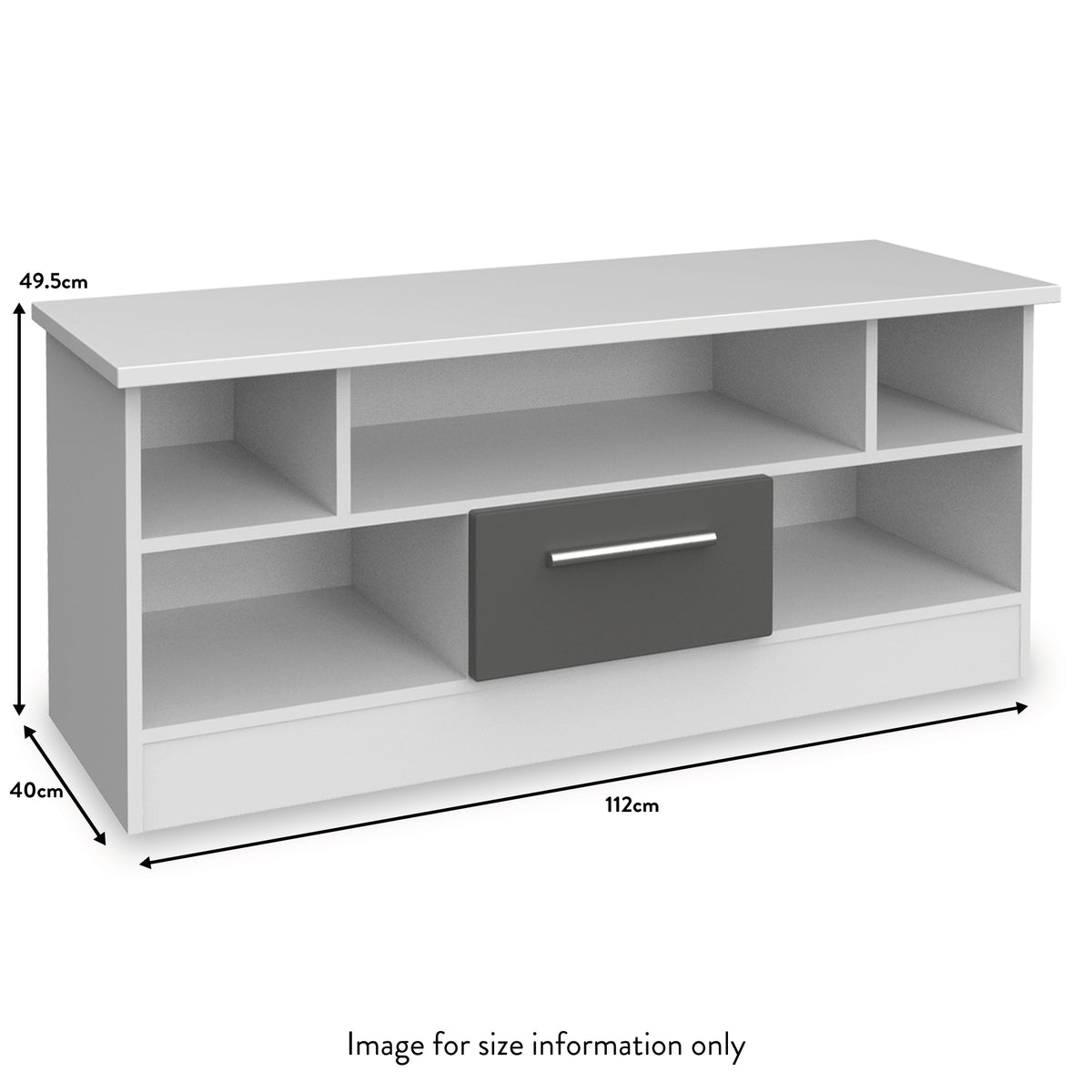 A white television stand with a central drawer and side shelves sits against a plain background. Dimensions: 112cm width, 49.5cm height, 40cm depth. Text: "Image for size information only".