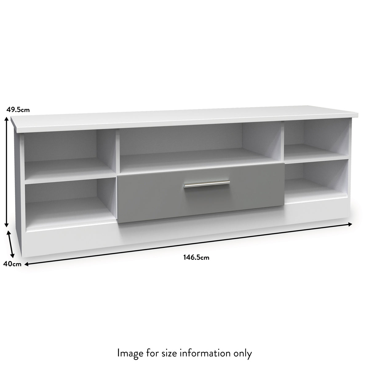A white, low-profile TV stand with multiple compartments and a drawer, accompanied by dimension labels: 49.5cm high, 146.5cm wide, and 40cm deep. The image is labeled "Image for size information only."