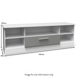 A white, low-profile TV stand with multiple compartments and a drawer, accompanied by dimension labels: 49.5cm high, 146.5cm wide, and 40cm deep. The image is labeled "Image for size information only."