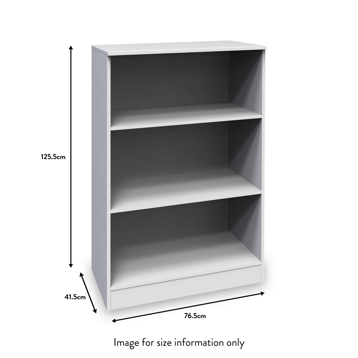 A grey three-shelf bookcase stands against a white background. Dimensions are indicated: 125.5cm height, 76.5cm width, 41.5cm depth. Text states "Image for size information only".
