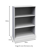 A grey three-shelf bookcase stands against a white background. Dimensions are indicated: 125.5cm height, 76.5cm width, 41.5cm depth. Text states "Image for size information only".