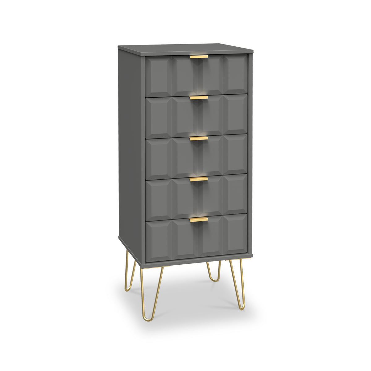 Harlow Grey 5 Drawer Tallboy with Gold Hairpin Legs from Roseland