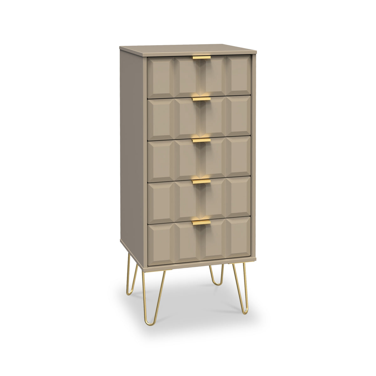 Harlow Taupe 5 Drawer Tallboy with Gold Hairpin Legs from Roseland