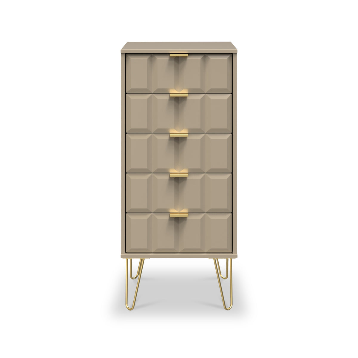 Harlow Taupe 5 Drawer Tallboy with Gold Hairpin Legs