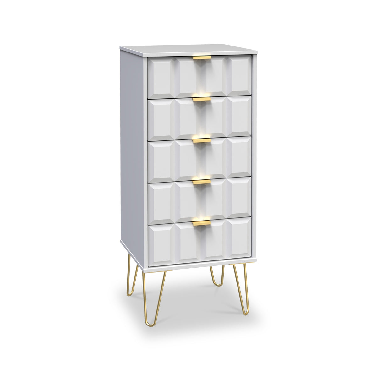 Harlow White 5 Drawer Tallboy with Gold Hairpin Legs from Roseland