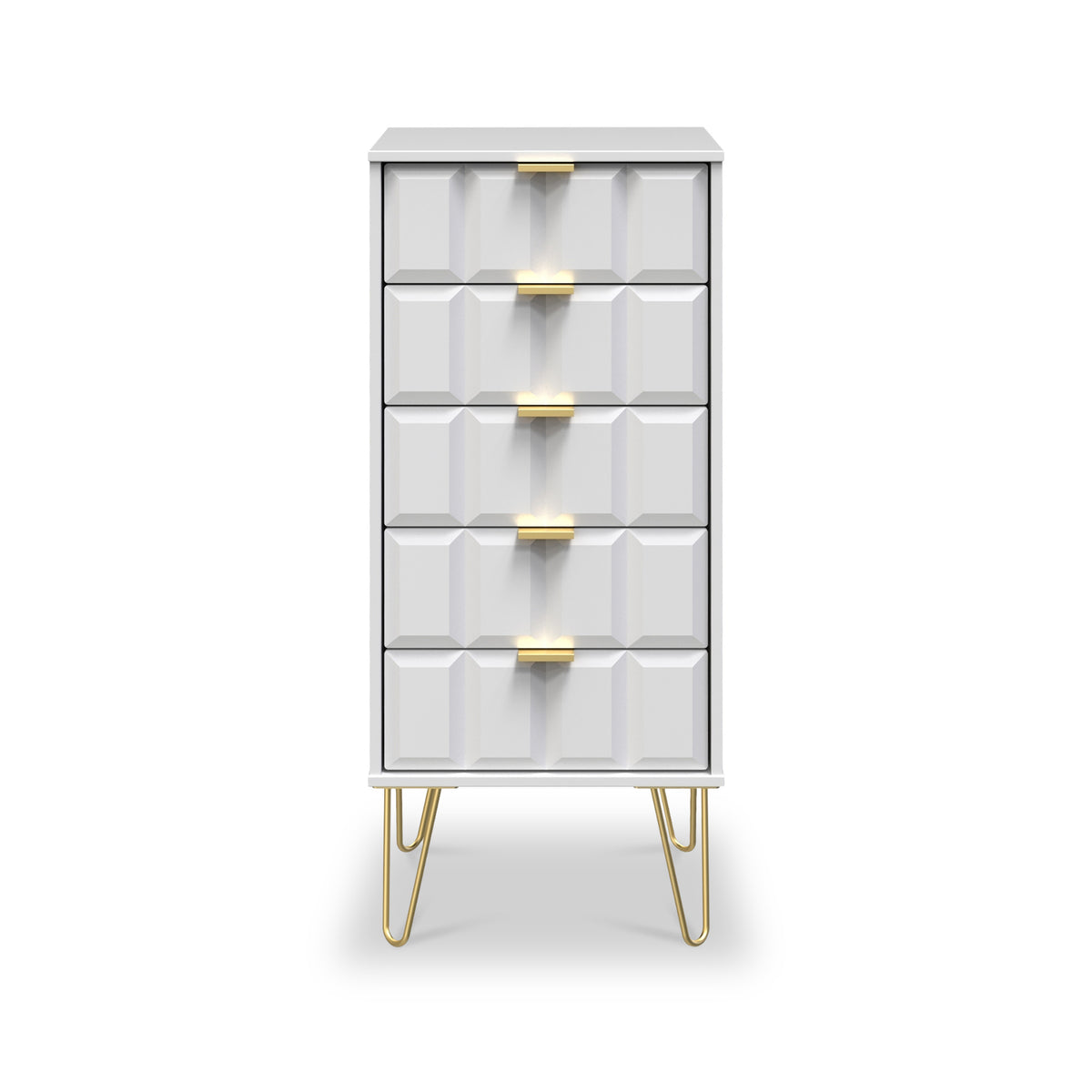 Harlow White 5 Drawer Tallboy with Gold Hairpin Legs