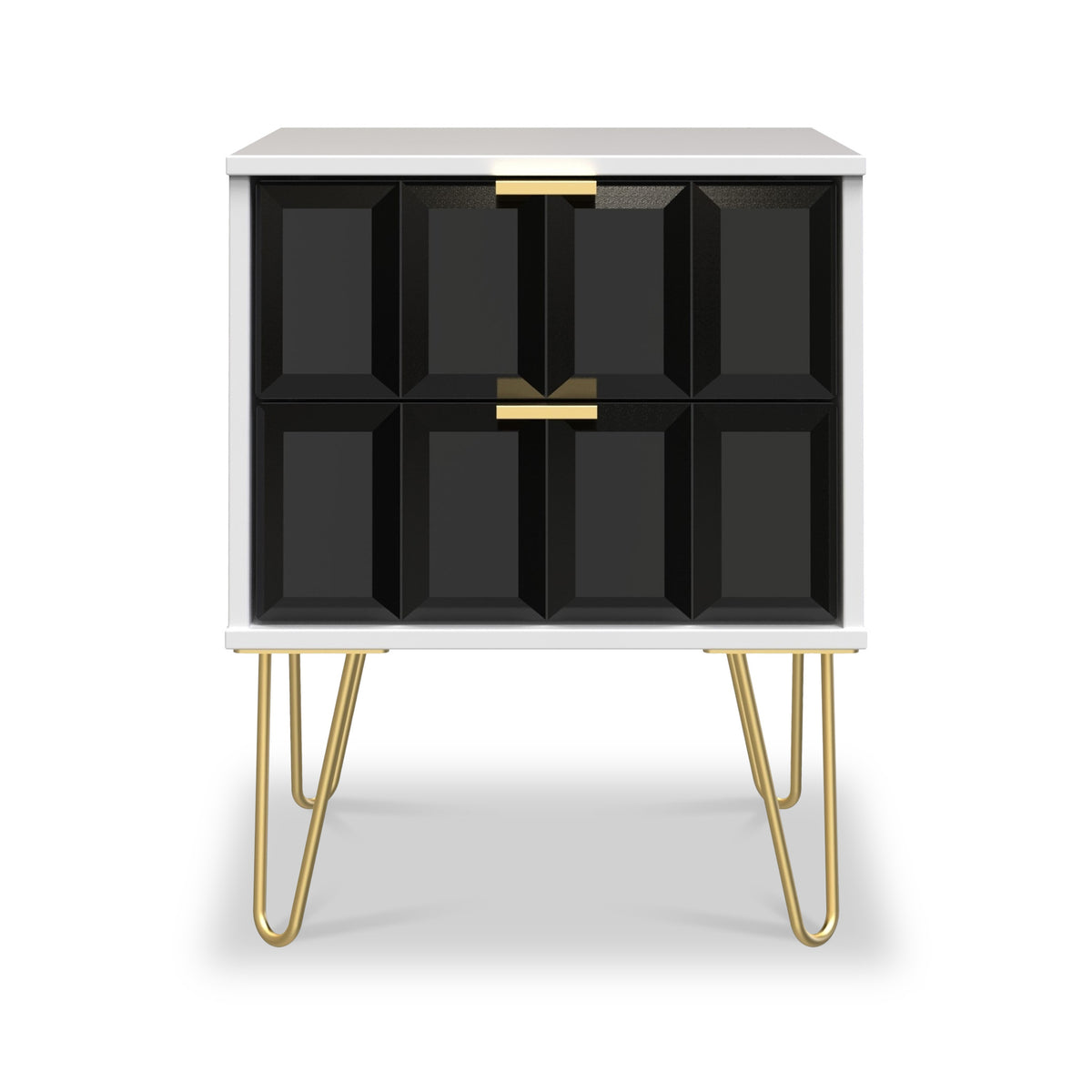 Harlow Black & White 2 Drawer Bedside with Gold Hairpin Legs