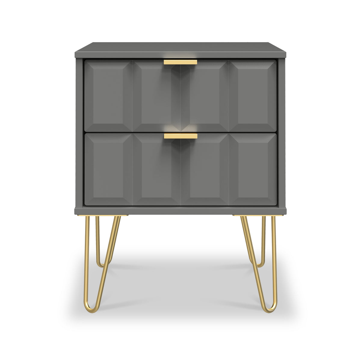 Harlow Grey 2 Drawer Bedside with Gold Hairpin Legs
