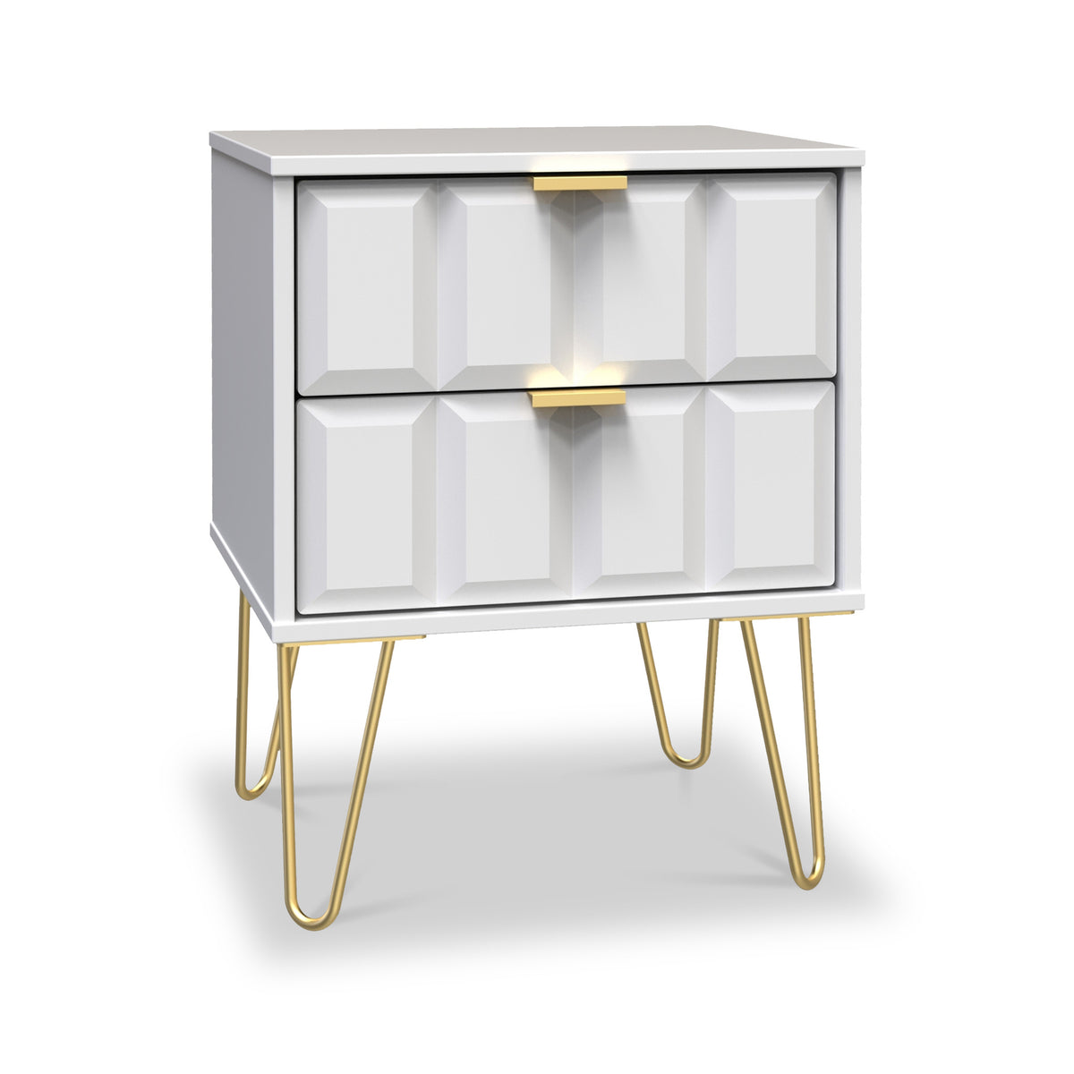 Harlow White 2 Drawer Bedside with Gold Hairpin Legs from Roseland