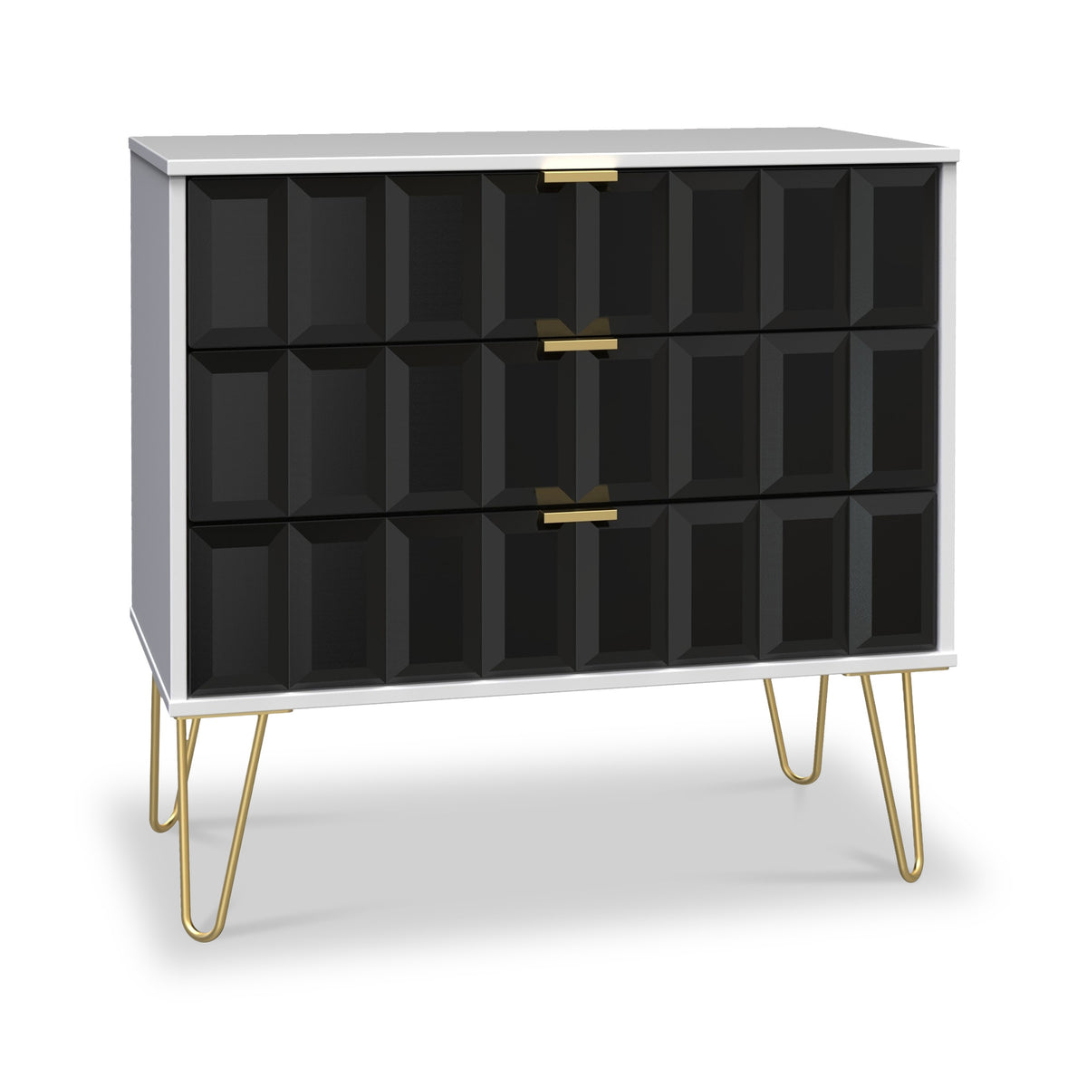Harlow Black & White 3 Drawer Chest with Gold Hairpin Legs from Roseland