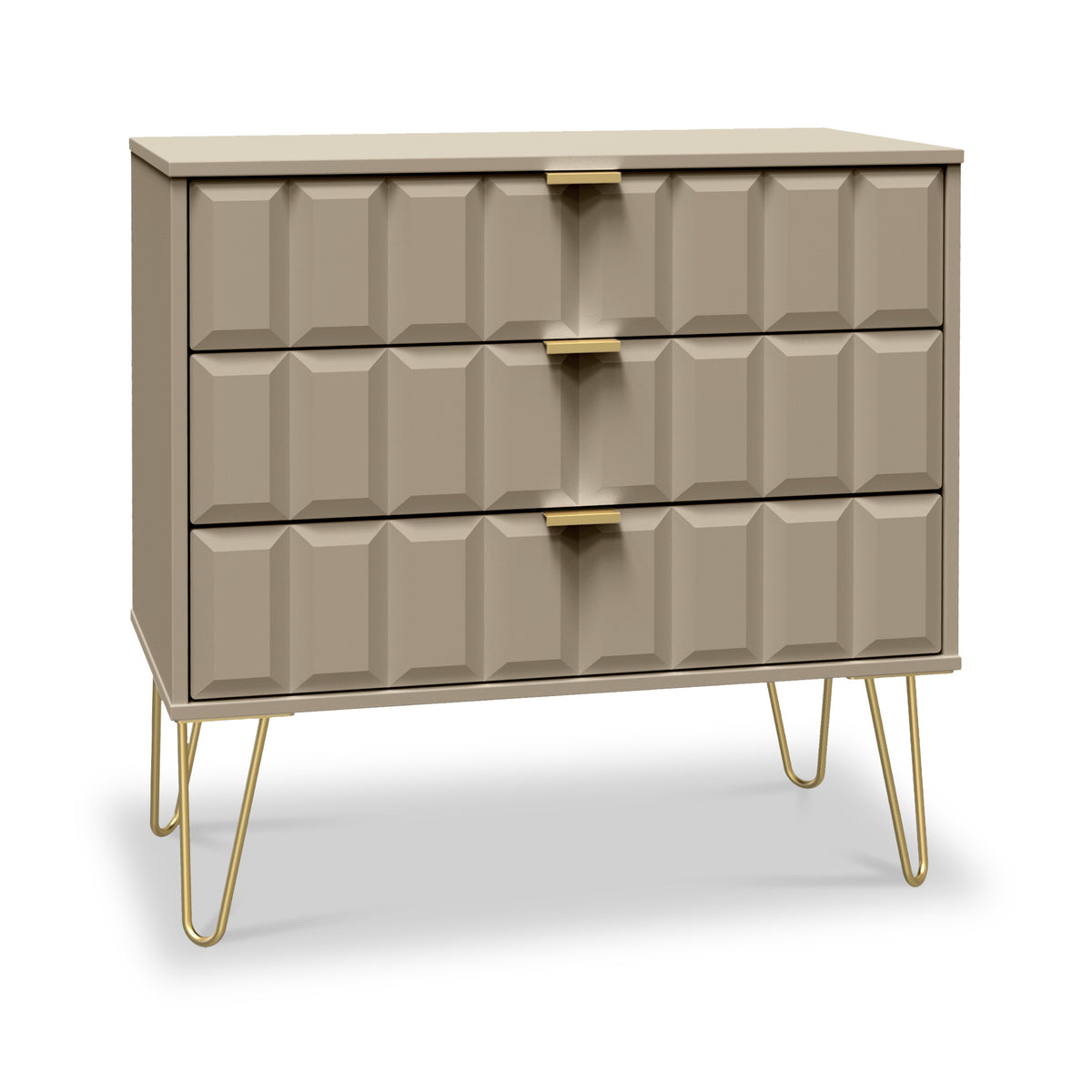 Harlow Taupe 3 Drawer Chest with Gold Hairpin Legs from Roseland