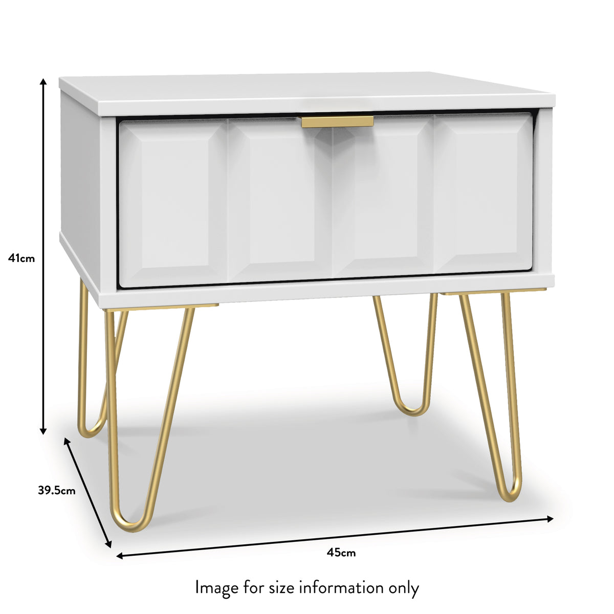 Harlow White 1 Drawer Bedside with Gold Hairpin Legs dimensions