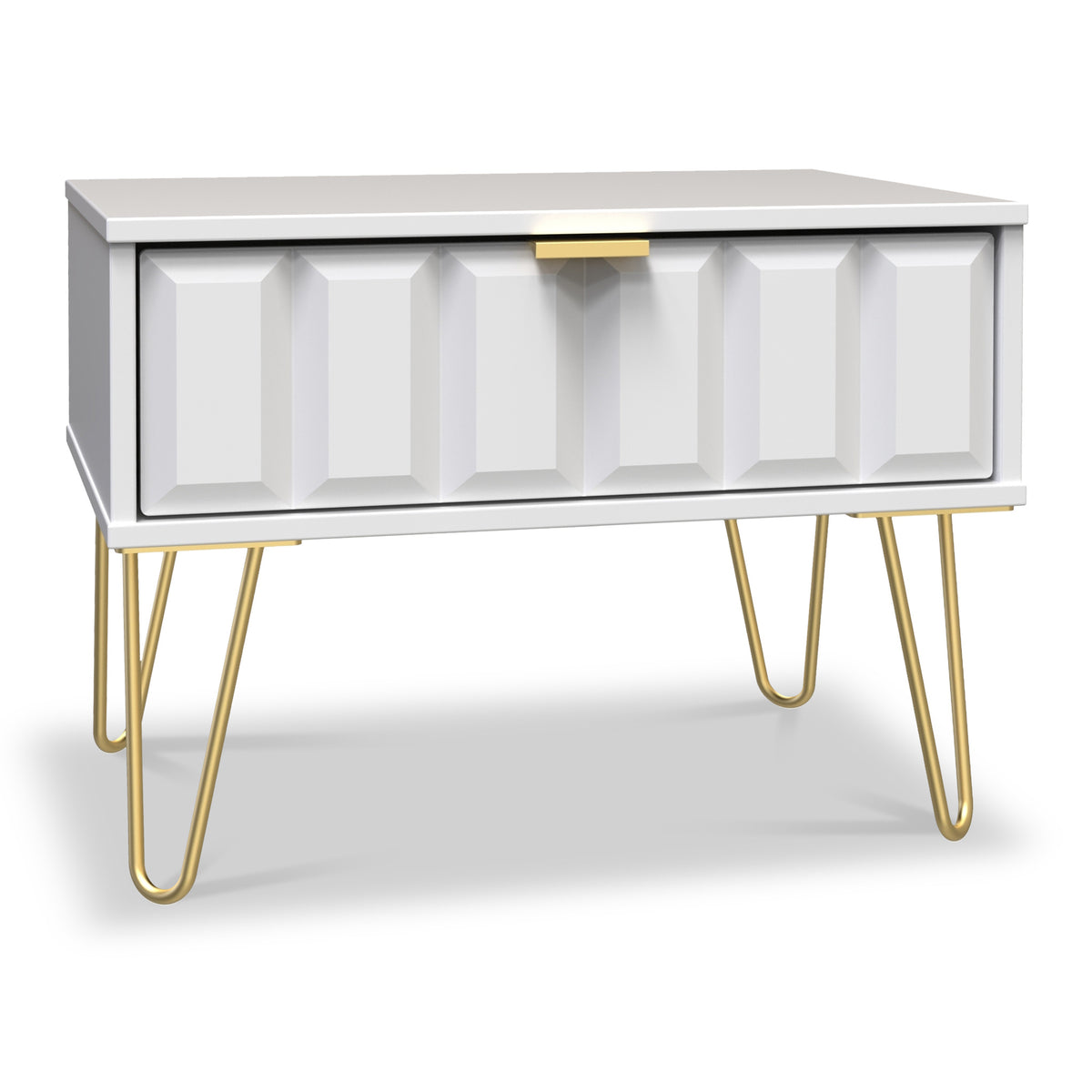 Harlow White Drawer Side Table with Gold Hairpin Legs from Roseland