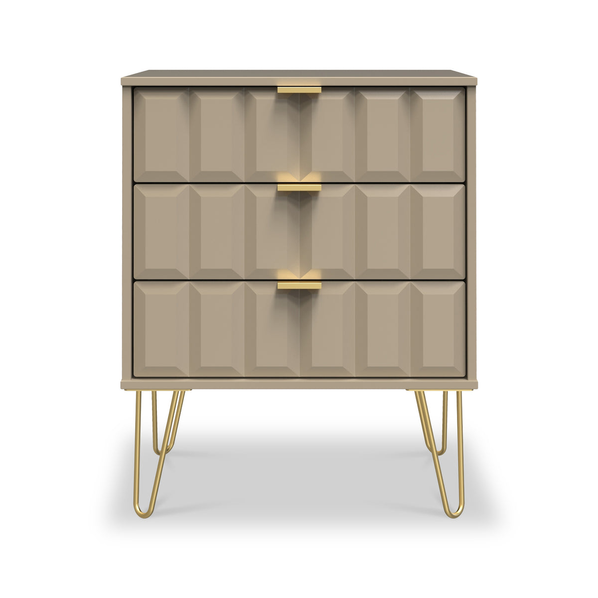 Harlow Taupe 3 Drawer Midi Sideboard with Gold Hairpin Legs from Roseland