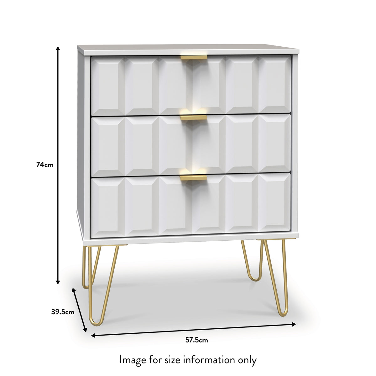 Harlow White 3 Drawer Midi Sideboard with Gold Hairpin Legs dimensions