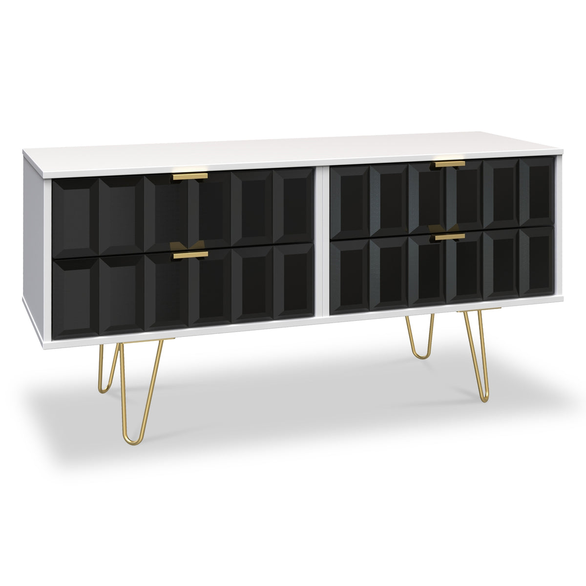 Harlow Black & White 4 Drawer Low TV Unit with Gold Hairpin Legs from Roseland