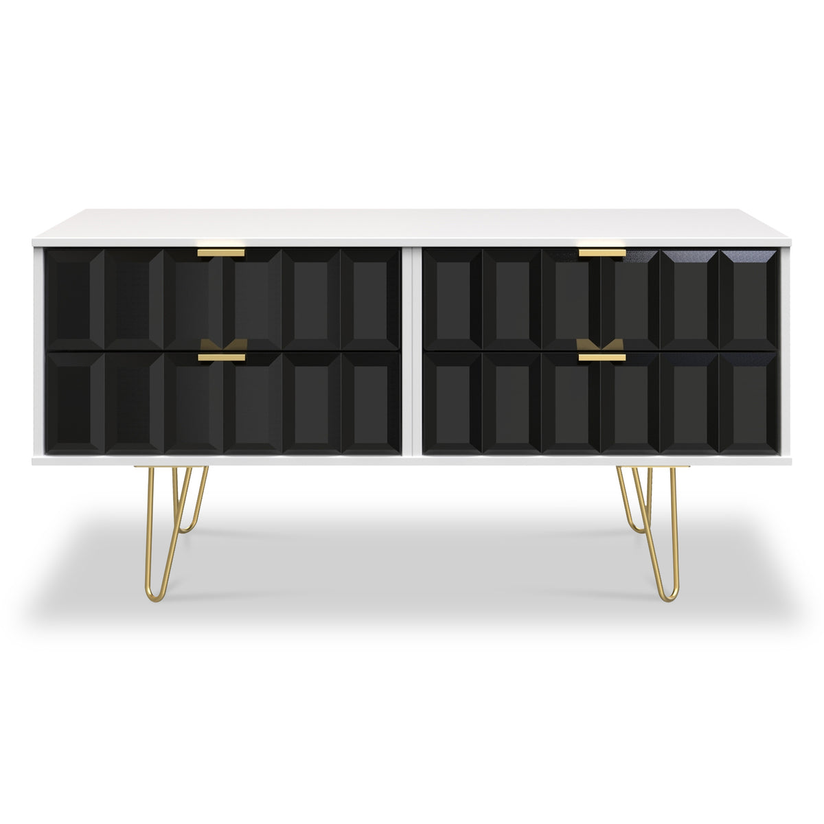 Harlow Black & White 4 Drawer Low TV Unit with Gold Hairpin Legs 