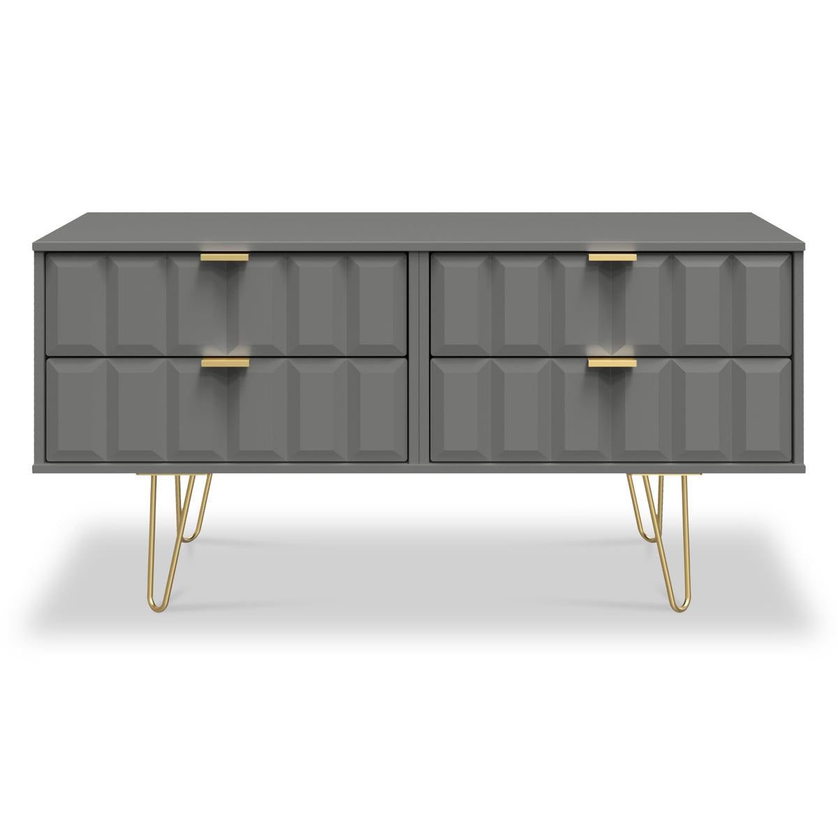 Harlow Grey 4 Drawer Low TV Unit with Gold Hairpin Legs 