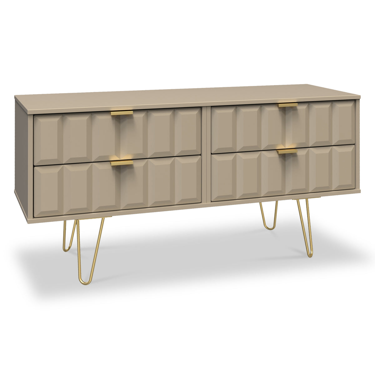 Harlow Taupe 4 Drawer Low TV Unit with Gold Hairpin Legs from Roseland