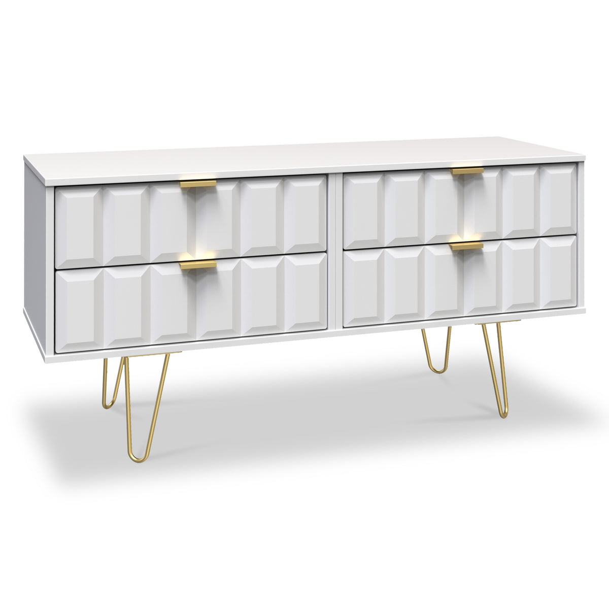 Harlow White 4 Drawer Low TV Unit with Gold Hairpin Legs from Roseland