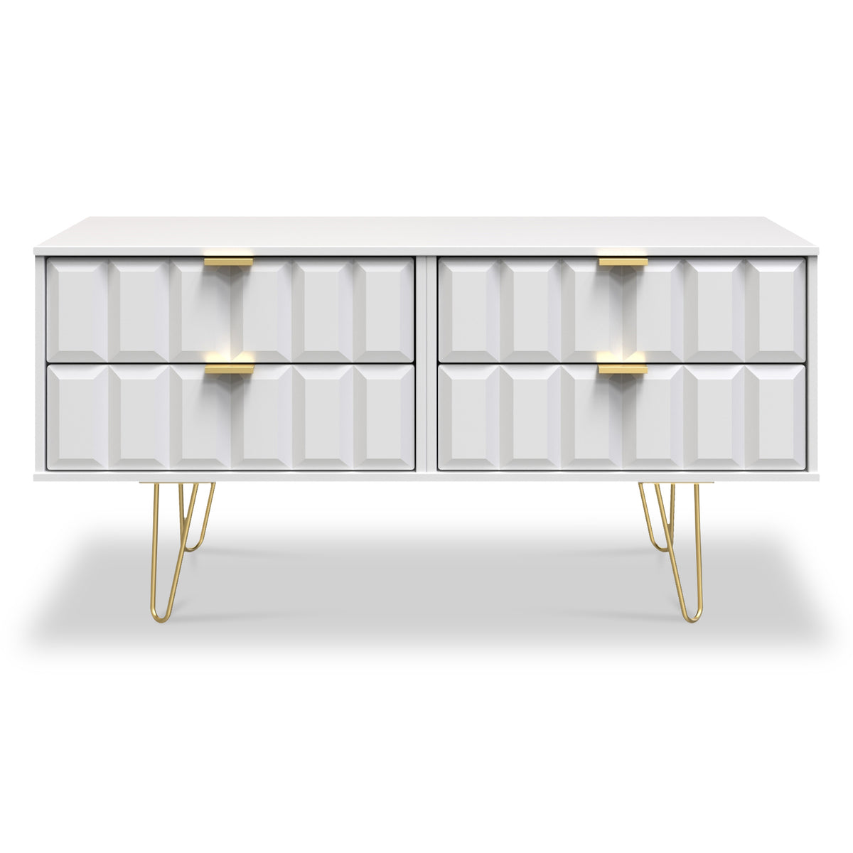 Harlow White 4 Drawer Low TV Unit with Gold Hairpin Legs 