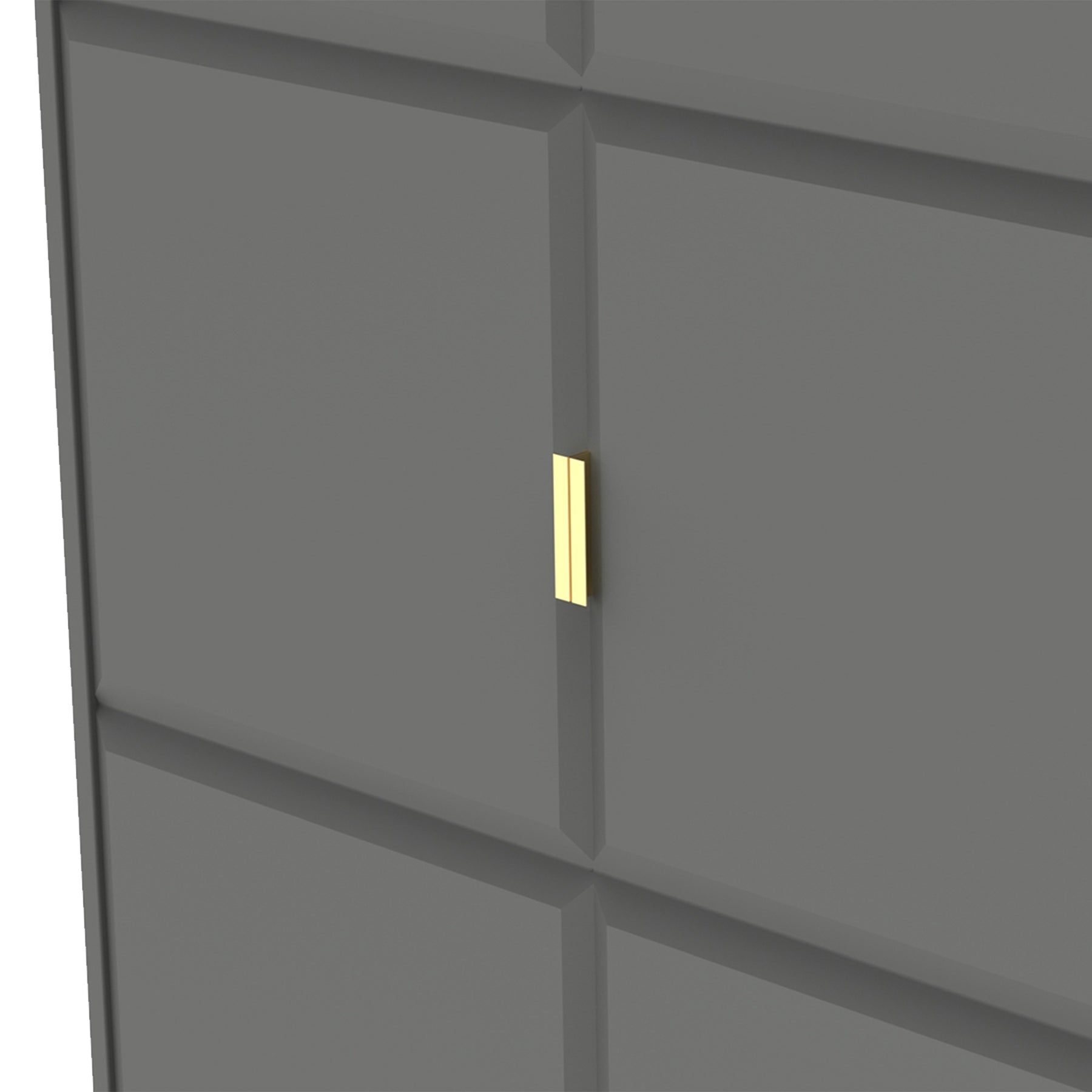A dark grey cabinet with a vertical golden handle is set against a lighter grey background, suggesting a minimalist interior design.