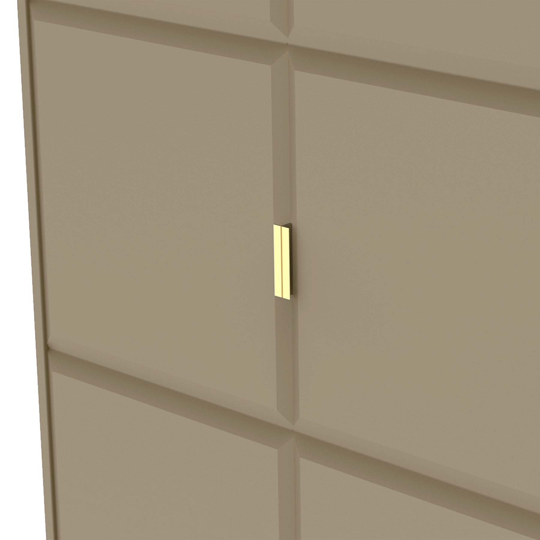 A beige wardrobe with a simple vertical handle, partially ajar revealing a sliver of light from within against a plain background.