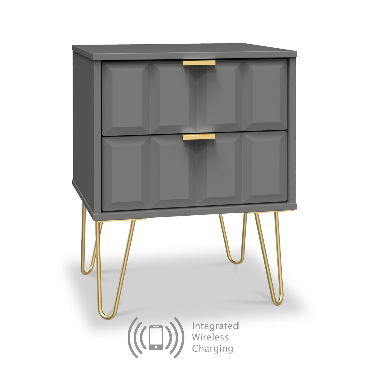Harlow Grey Wireless Charging 2 Drawer Utility Chest with Gold Hairpin Legs