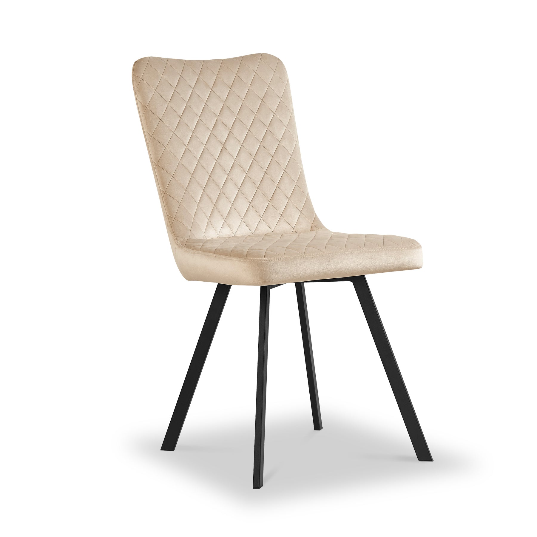 A beige upholstered chair with a quilted backrest and seat, atop four angled black legs, stands isolated on a white background.