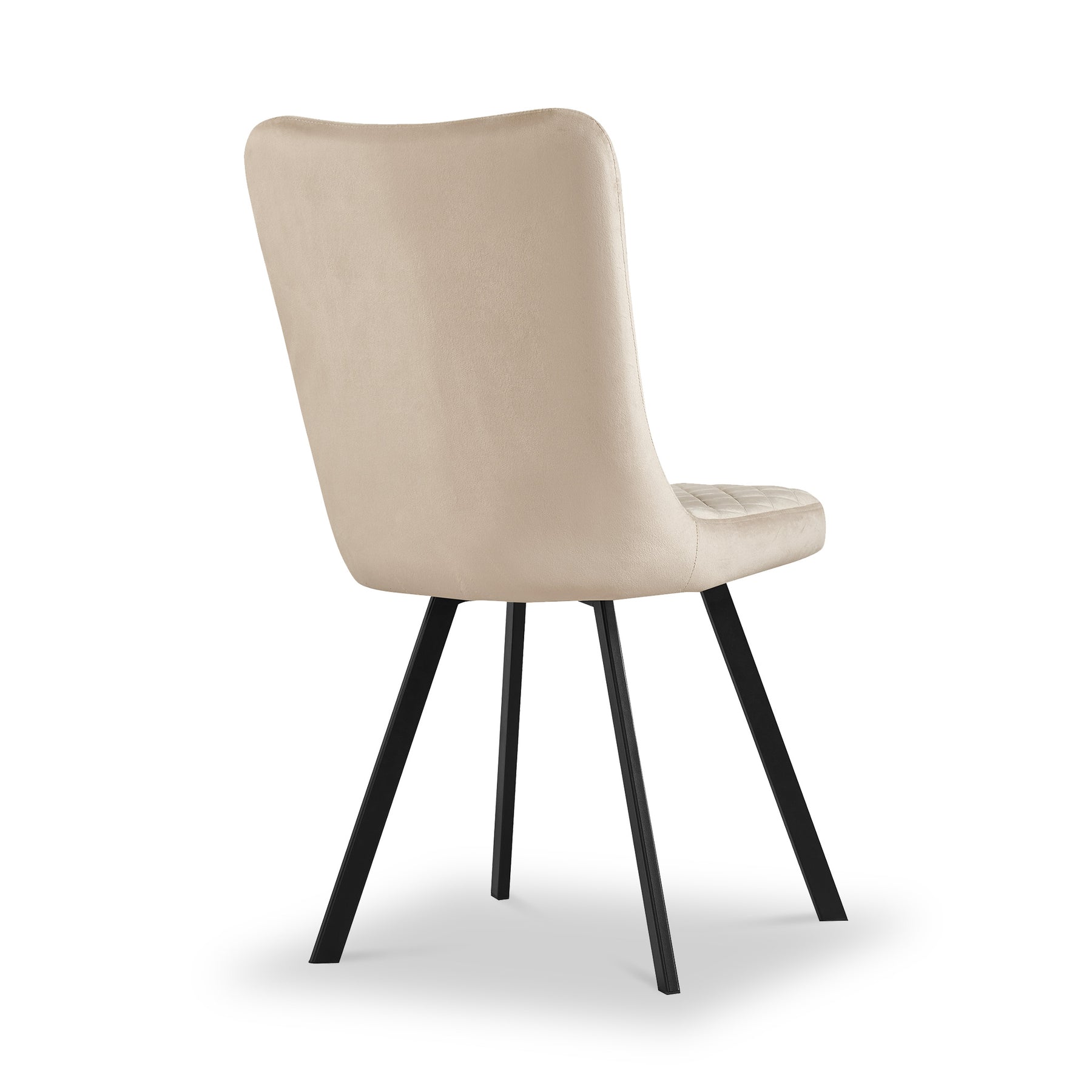 A beige upholstered dining chair with a curved backrest and four black angled legs, positioned against a white background.