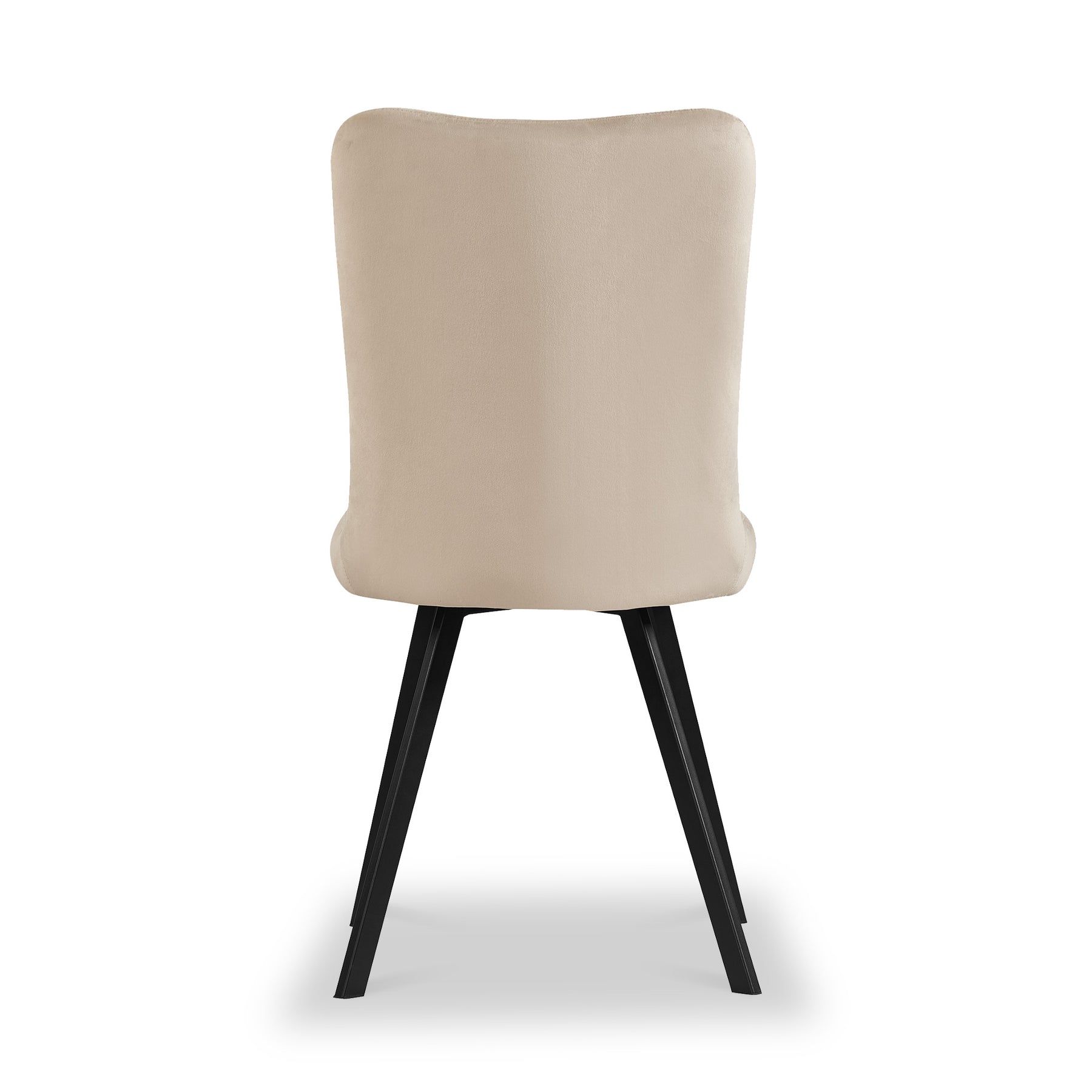 A beige upholstered dining chair with a curved backrest stands on black angular legs against a solid white background.