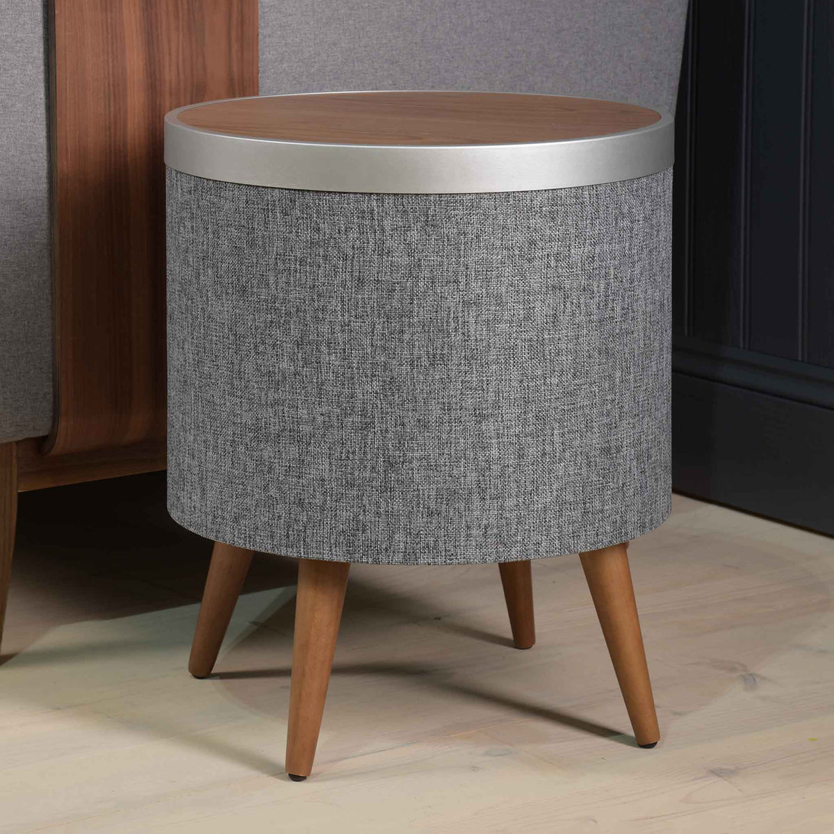 Zain Grey Wireless Smart Side Lamp Table Upholstered Fabric