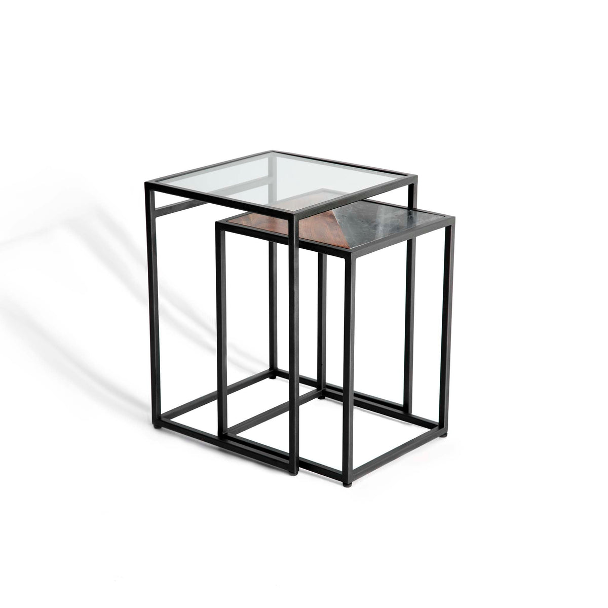Kandla Grey Marble & Wood Square Nest of Tables with Grey Base by Roseland Furniture