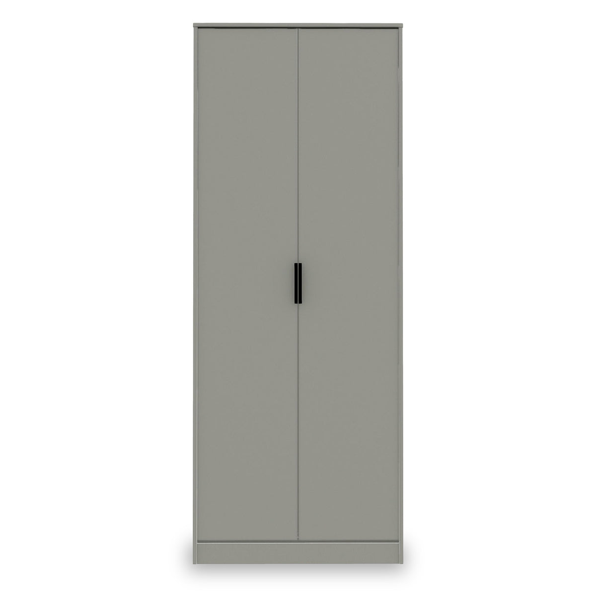 A grey two-door wardrobe stands closed against a plain backdrop, featuring a simple black handle on one door.
