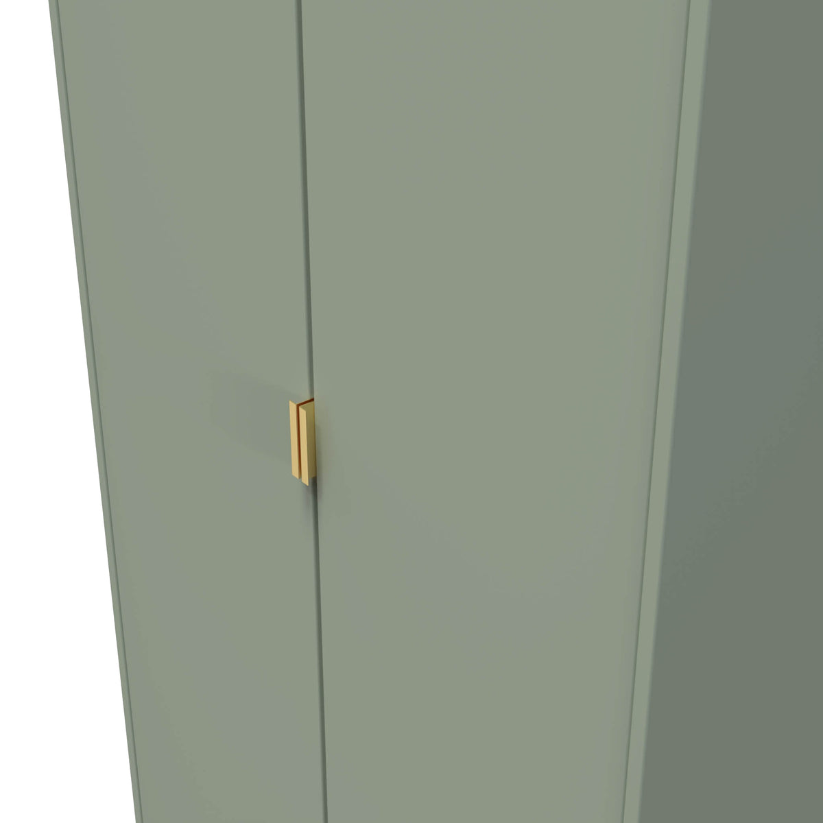 A green cabinet with a gold handle, closed, against a matching green background.