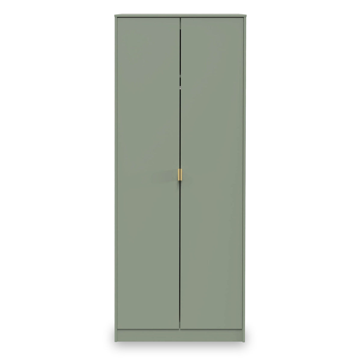A green wardrobe with two doors and a brass handle is standing against a plain background.